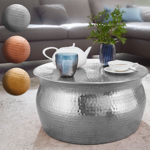 FineBuy Couchtisch 60x30,5x60cm Aluminium Beistelltisch orientalisch rund, Flacher Hammerschlag Sofatisch Metall, Design Wohnzimmertisch modern, Loungetisch indisch Stubentisch klein