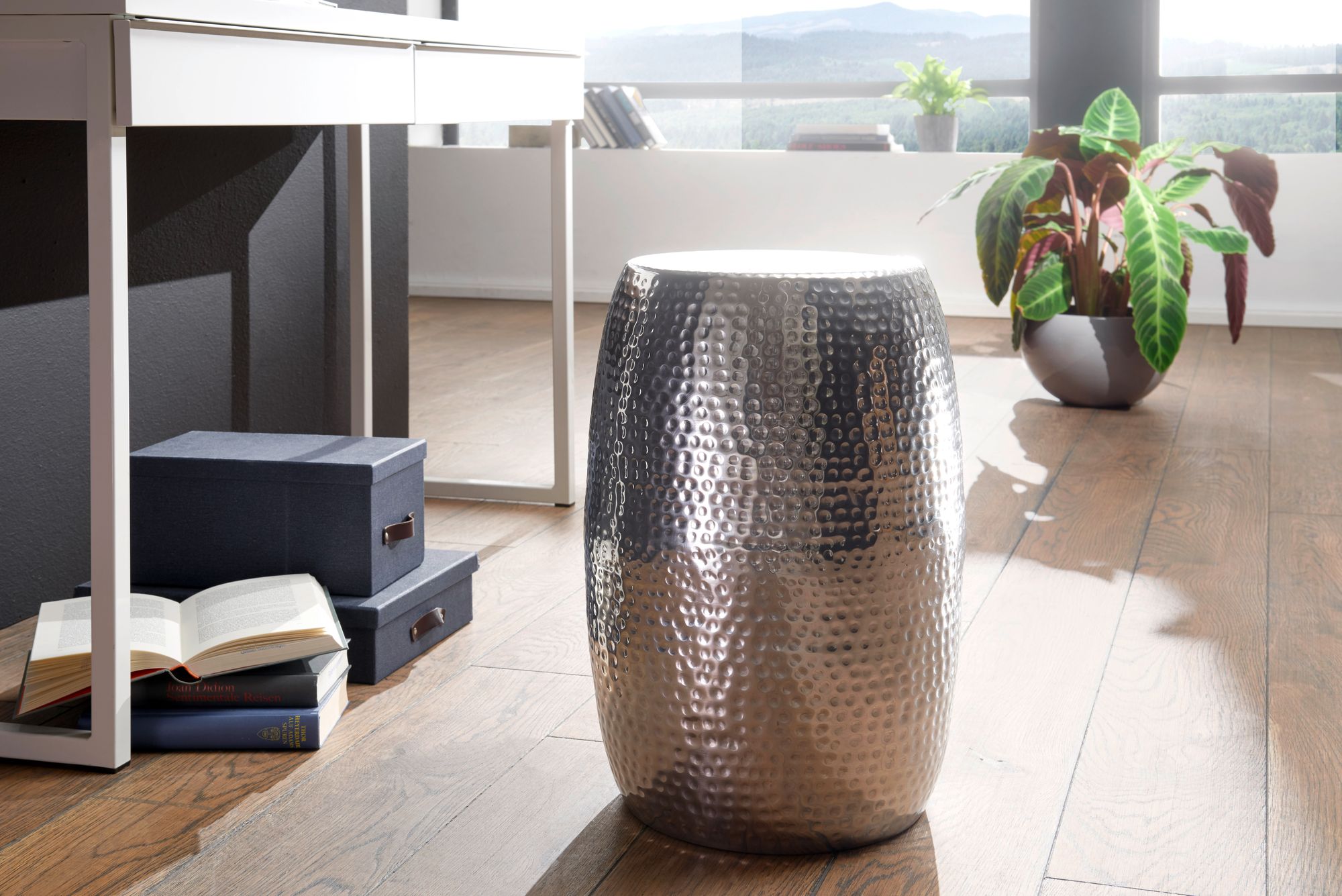 FineBuy Design Beistelltisch rund 30 cm Metall - Orientalischer Wohnzimmertisch Hammerschlag Aluminium - Kleiner Couchtisch - Moderner Dekotisch Alu | Farbe: Gold