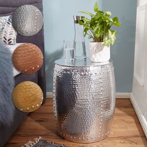 FineBuy Beistelltisch 42 x 49 x 42 cm Aluminium Dekotisch orientalisch rund, Kleiner Hammerschlag Abstelltisch, Designer Ablagetisch Metall modern, Anstelltisch schmal 15596