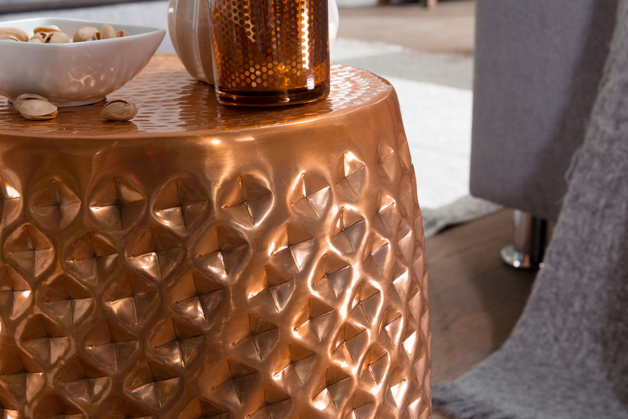 FineBuy Design Beistelltisch rund 32 cm Metall - Orientalischer Wohnzimmertisch Hammerschlag Aluminium - Kleiner Couchtisch - Moderner Dekotisch Alu | Farbe: Gold