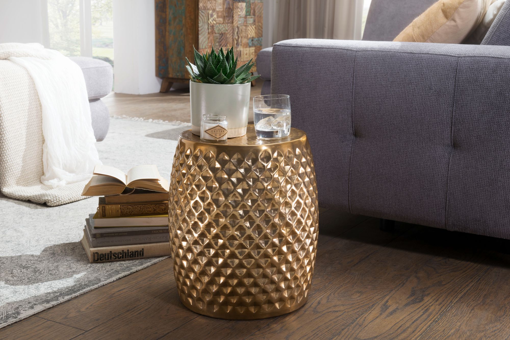 FineBuy Design Beistelltisch rund 32 cm Metall - Orientalischer Wohnzimmertisch Hammerschlag Aluminium - Kleiner Couchtisch - Moderner Dekotisch Alu | Farbe: Gold