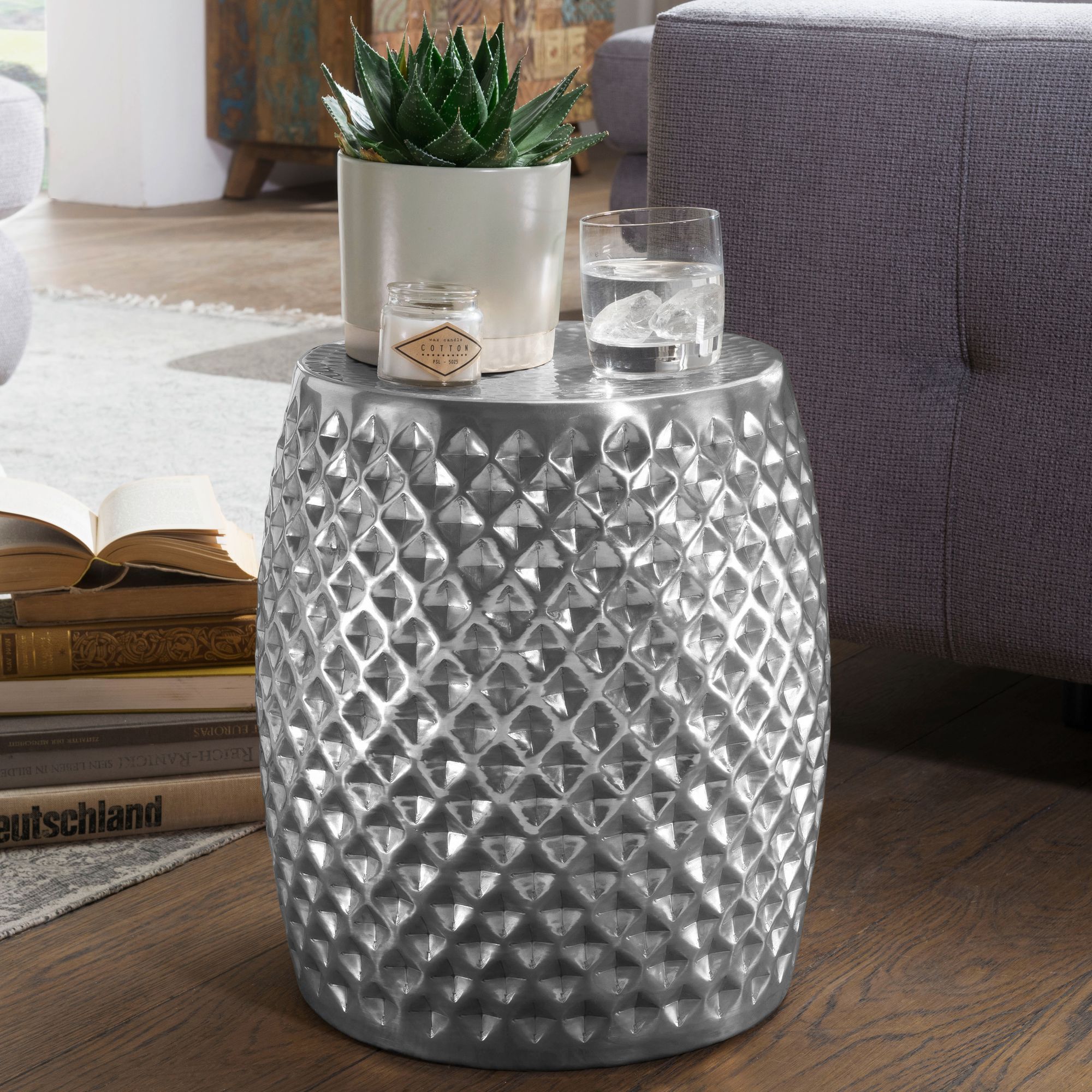 FineBuy Design Beistelltisch rund 32 cm Metall - Orientalischer Wohnzimmertisch Hammerschlag Aluminium - Kleiner Couchtisch - Moderner Dekotisch Alu | Farbe: Gold