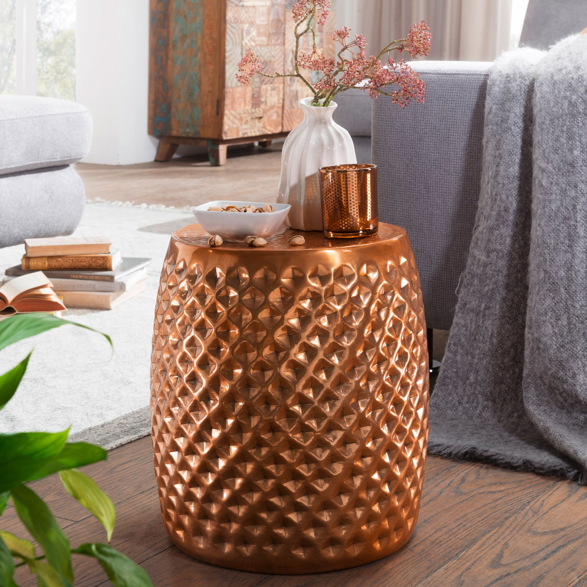 FineBuy Design Beistelltisch rund 32 cm Metall - Orientalischer Wohnzimmertisch Hammerschlag Aluminium - Kleiner Couchtisch - Moderner Dekotisch Alu | Farbe: Gold