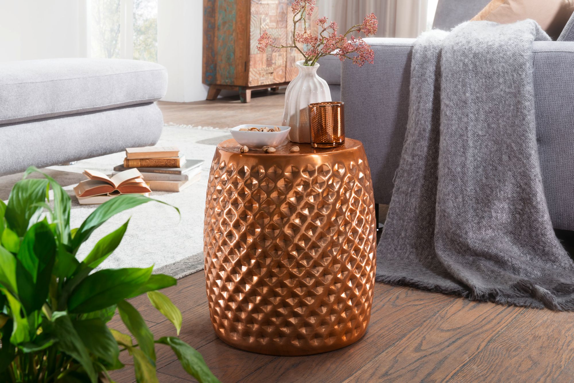 FineBuy Design Beistelltisch rund 32 cm Metall - Orientalischer Wohnzimmertisch Hammerschlag Aluminium - Kleiner Couchtisch - Moderner Dekotisch Alu | Farbe: Gold