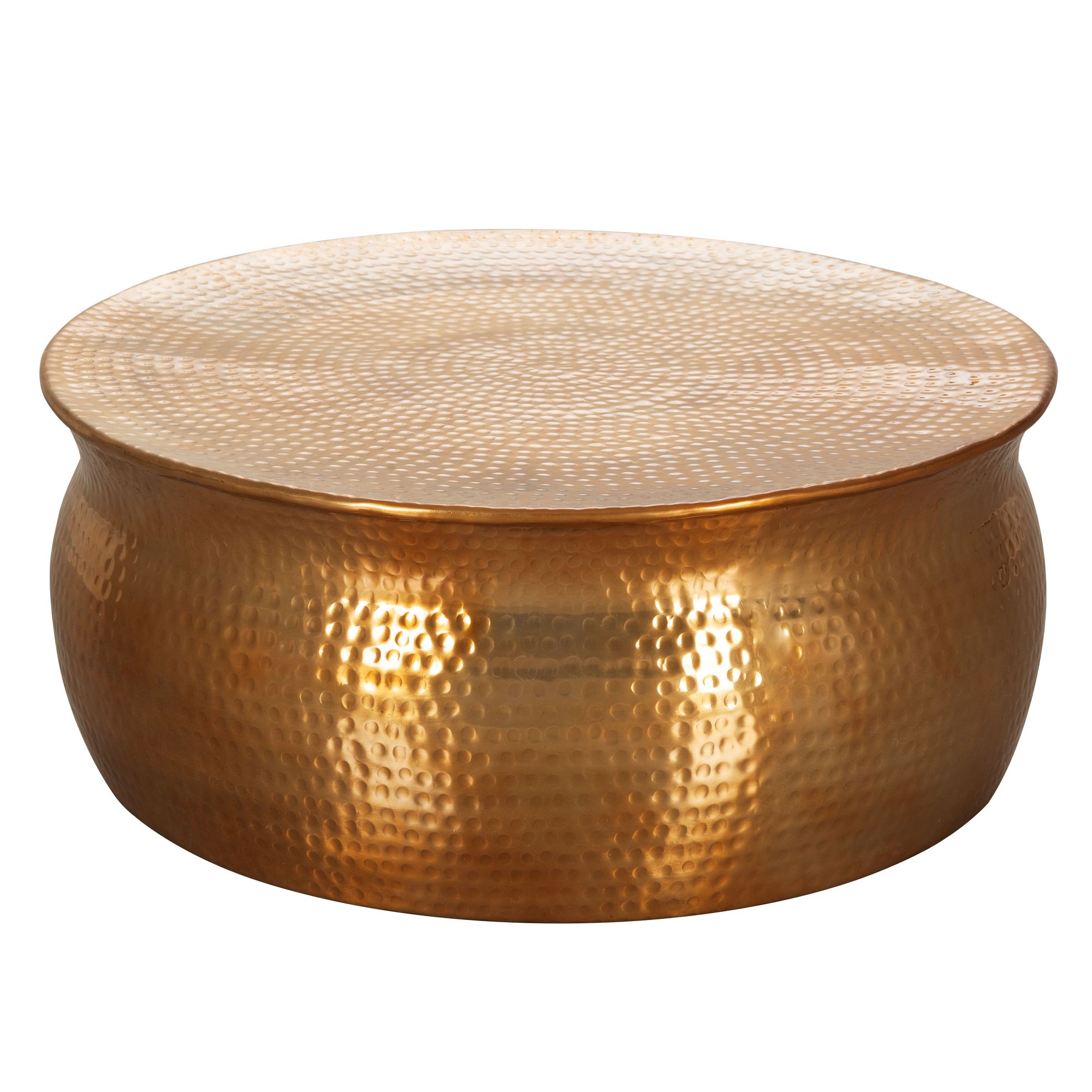 FineBuy Design Couchtisch rund 75 cm aus Metall - Handgefertigter Aluminium Wohnzimmertisch Hammerschlag - Orientalischer flacher Alu Sofatisch | Farbe: Gold