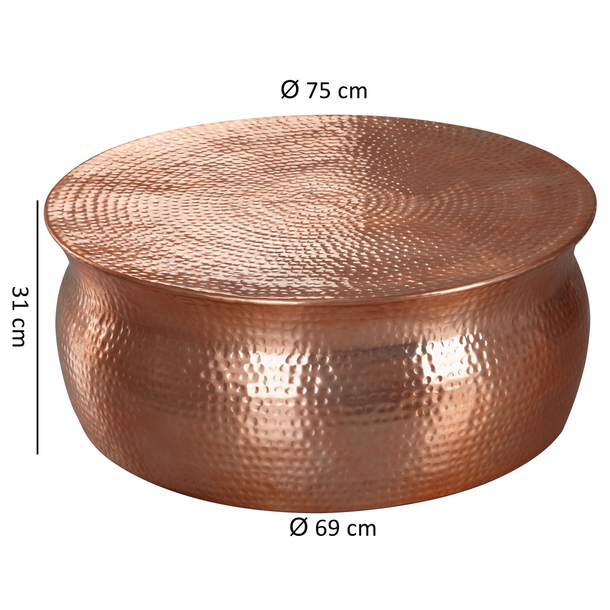 FineBuy Design Couchtisch rund 75 cm aus Metall - Handgefertigter Aluminium Wohnzimmertisch Hammerschlag - Orientalischer flacher Alu Sofatisch | Farbe: Gold