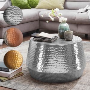 FineBuy Couchtisch 60 x 36 x 60 cm Aluminium Beistelltisch Orientalisch rund, Flacher Hammerschlag Sofatisch Metall, Design Wohnzimmertisch modern, Loungetisch indisch Stubentisch klein 15741