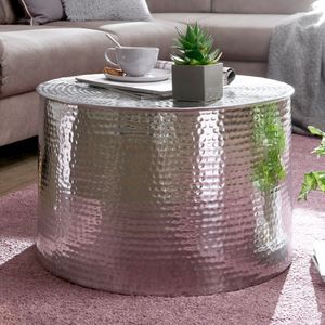 FineBuy Couchtisch 61 x 40,5 x 61 cm Aluminium Beistelltisch orientalisch rund, Flacher Hammerschlag Sofatisch Metall, Design Wohnzimmertisch modern, Loungetisch indisch Stubentisch klein 15759