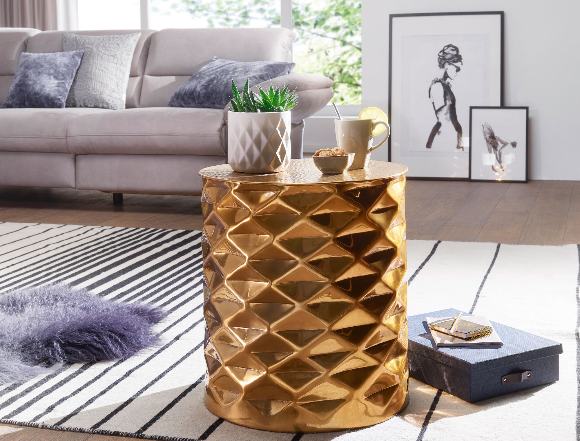 FineBuy Beistelltisch rund 43,5 cm Metall - Orientalischer Design Wohnzimmertisch Aluminium - Hammerschlag Alu kleiner Couchtisch - Dekotisch | Farbe: Gold