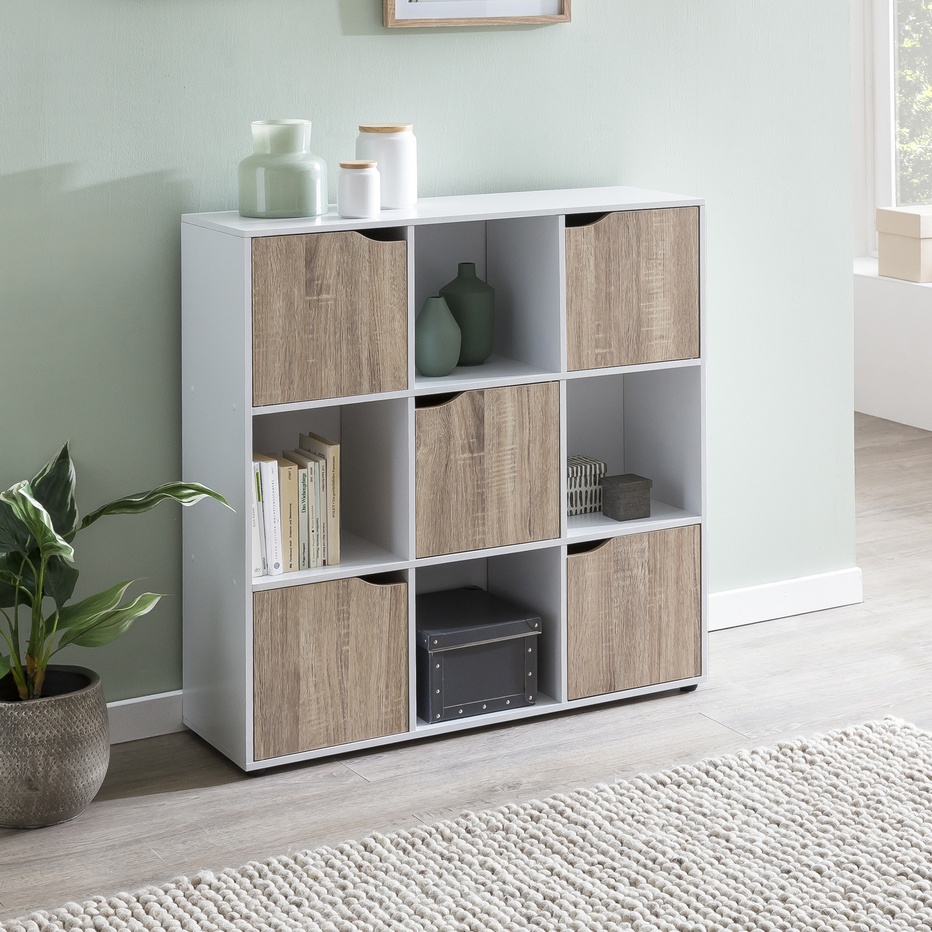 FineBuy Standregal MASSA 89 x 91 x 29 cm Bücherregal mit 9 Fächern Sonoma, Sideboard mit 5 Türen, Modernes Würfelregal Raumteiler, Flurschrank offen, Cuberegal Kommode Wohnregal | Farbe: Weiß