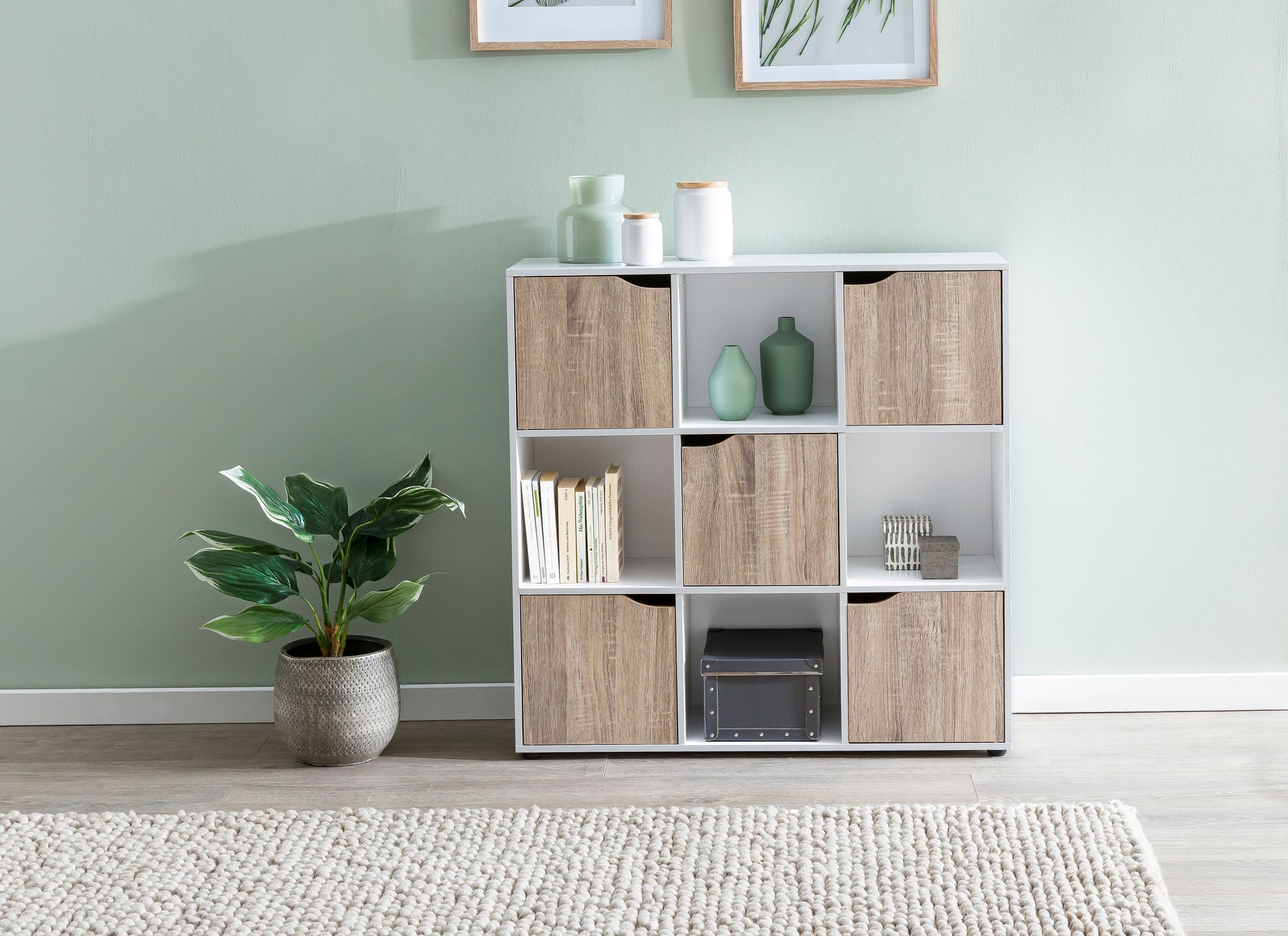 FineBuy Standregal MASSA 89 x 91 x 29 cm Bücherregal mit 9 Fächern Sonoma, Sideboard mit 5 Türen, Modernes Würfelregal Raumteiler, Flurschrank offen, Cuberegal Kommode Wohnregal | Farbe: Weiß