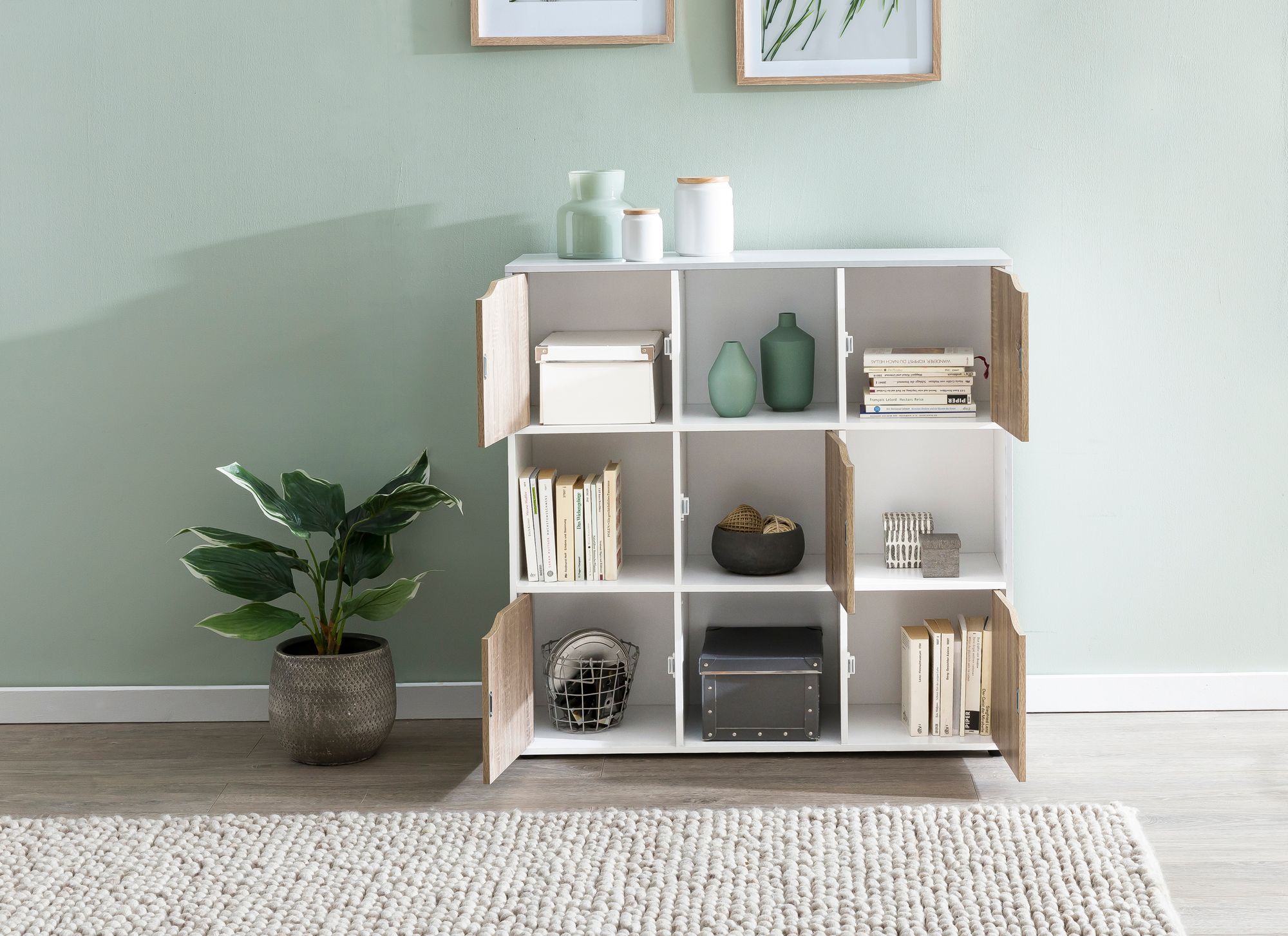 FineBuy Standregal MASSA 89 x 91 x 29 cm Bücherregal mit 9 Fächern Sonoma, Sideboard mit 5 Türen, Modernes Würfelregal Raumteiler, Flurschrank offen, Cuberegal Kommode Wohnregal | Farbe: Weiß