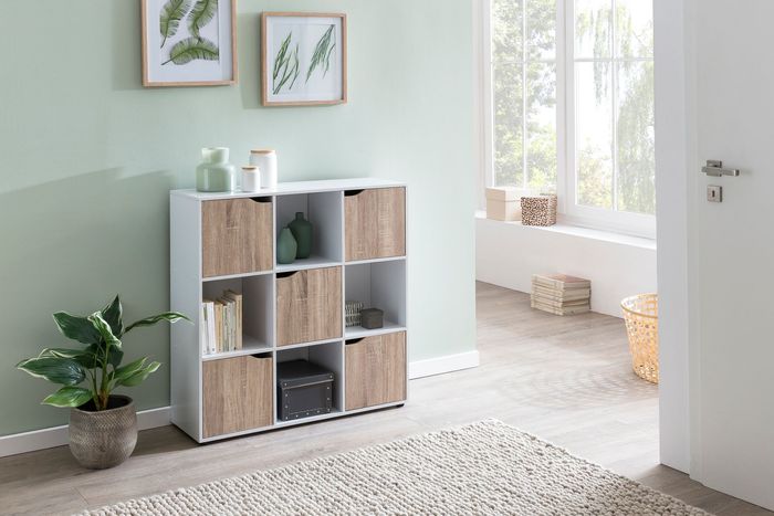 FineBuy Standregal MASSA 89 x 91 x 29 cm Bücherregal mit 9 Fächern Sonoma, Sideboard mit 5 Türen, Modernes Würfelregal Raumteiler, Flurschrank offen, Cuberegal Kommode Wohnregal 4250950284593