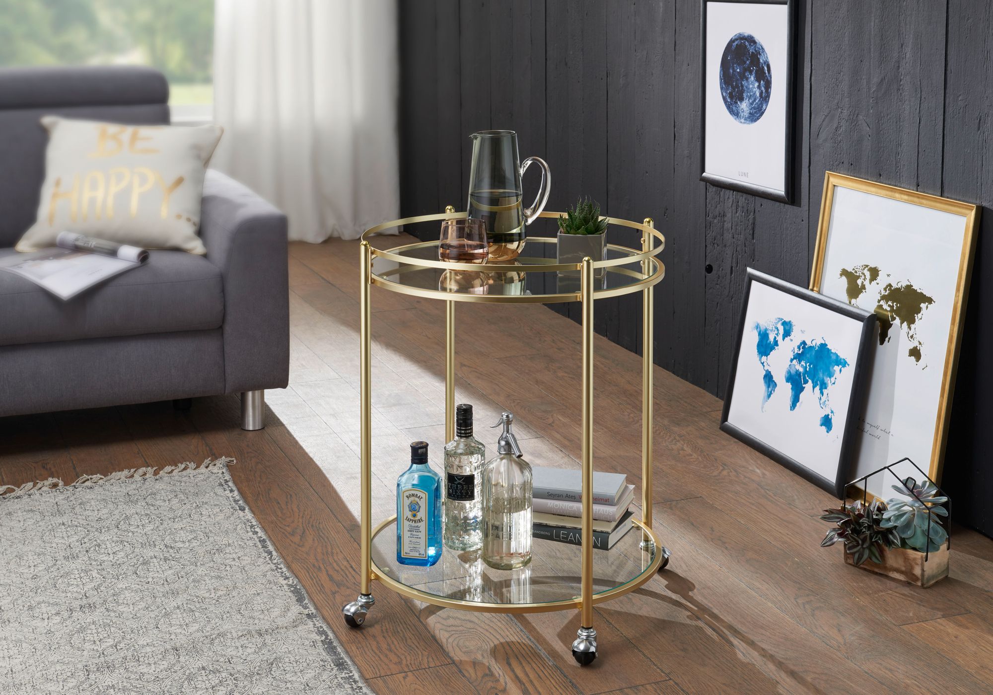 FineBuy Design Servierwagen Gold Ø 57 cm Beistelltisch, Teewagen Metall mit Rollen, Küchenwagen mit Glasplatten, Barwagen rund 75 cm hoch, Küchentrolley modern, Rollwagen | Farbe: Gold