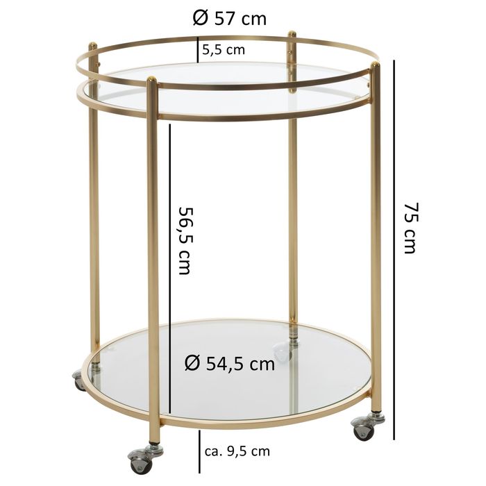 FineBuy Servierwagen Gold Ø 57cm Beistelltisch Teewagen Rollen Küchenwagen – Maßzeichnung