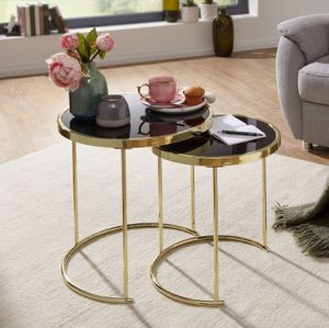FineBuy Design Satztisch COMO schwarz / Gold Beistelltisch Metall / Glas, Couchtisch Set aus 2 Tischen, Kleiner Wohnzimmertisch, Metalltisch mit Glasplatte, Ablagetisch modern 4250950284678