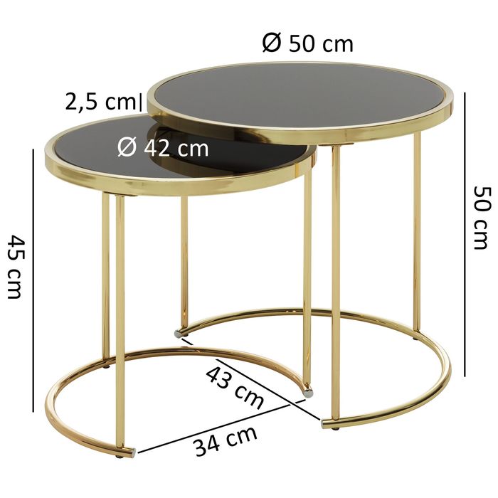FineBuy Satztisch COMO schwarz/Gold Beistelltisch Metall/Glas Couchtisch 2er Set – Maßzeichnung