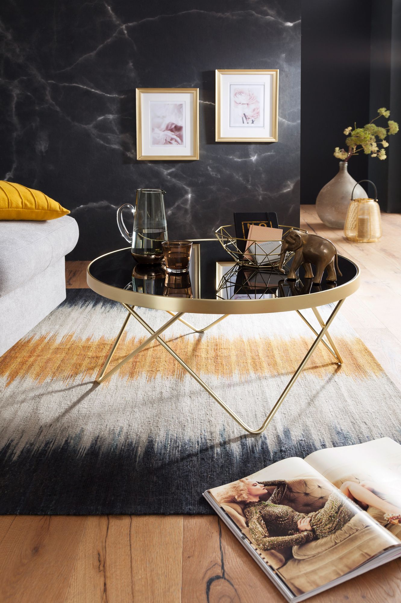 FineBuy Design Couchtisch Ø 82 cm Schwarz Gold Beistelltisch Metall / Glas, Tisch mit Glasplatte, Ablagetisch modern, Großer Wohnzimmertisch, Glastisch mit Metallgestell | Farbe: Schwarz