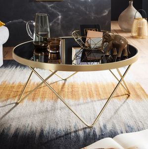 FineBuy Design Couchtisch Ø 82 cm Schwarz matt Gold Beistelltisch Metall / Glas, Tisch mit Glasplatte, Ablagetisch modern, Großer Wohnzimmertisch, Glastisch mit Metallgestell 4250950284760
