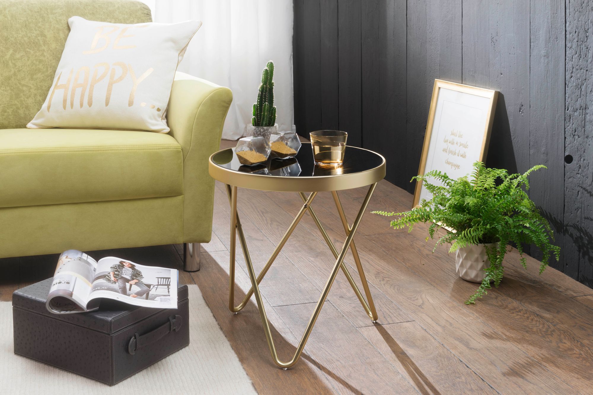 FineBuy Design Beistelltisch PARMA 42 x 46 x 42 cm rund schwarz / Couchtisch matt Gold, Designer Glas Wohnzimmertisch modern, Glastisch mit Metallgestell, Kleiner Sofatisch | Farbe: Gold