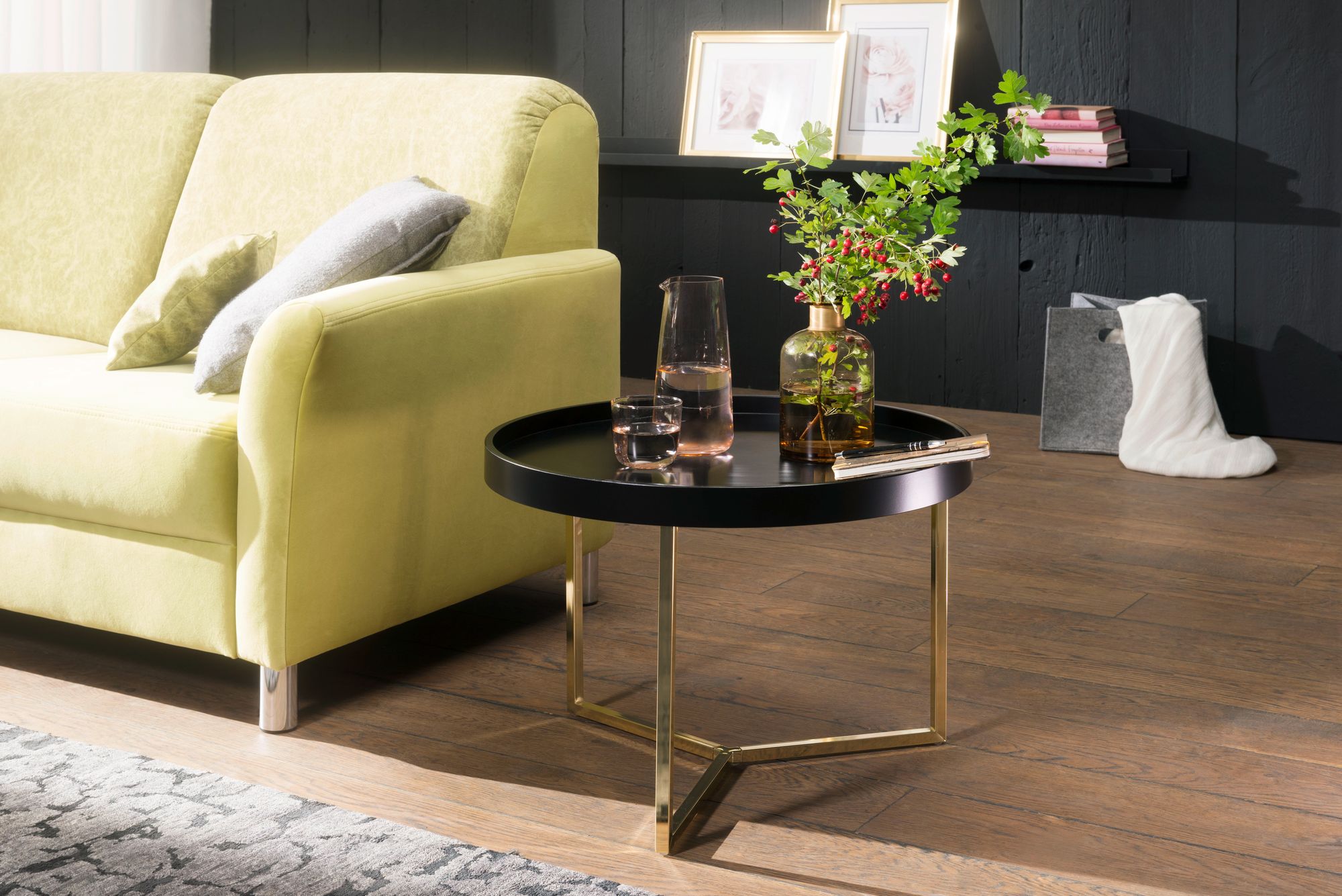 FineBuy Couchtisch 58,5x42x58,5cm Sofatisch Metall Rund, Designer Retro Wohnzimmertisch modern, Kleiner Loungetisch mit Metallgestell, Runder Tabletttisch mit Holz-Platte | Farbe: Schwarz