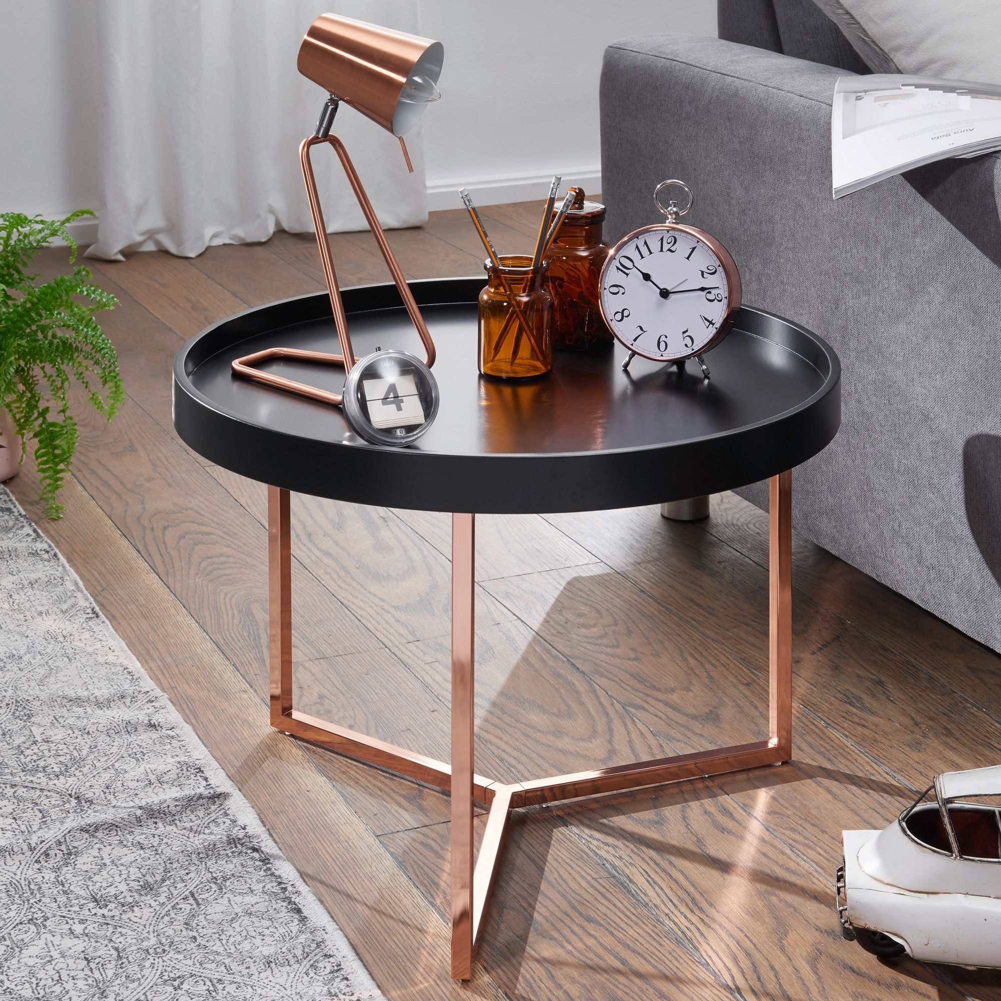 FineBuy Couchtisch 58,5x42x58,5cm Sofatisch Metall Rund, Designer Retro Wohnzimmertisch modern, Kleiner Loungetisch mit Metallgestell, Runder Tabletttisch mit Holz-Platte | Farbe: Schwarz