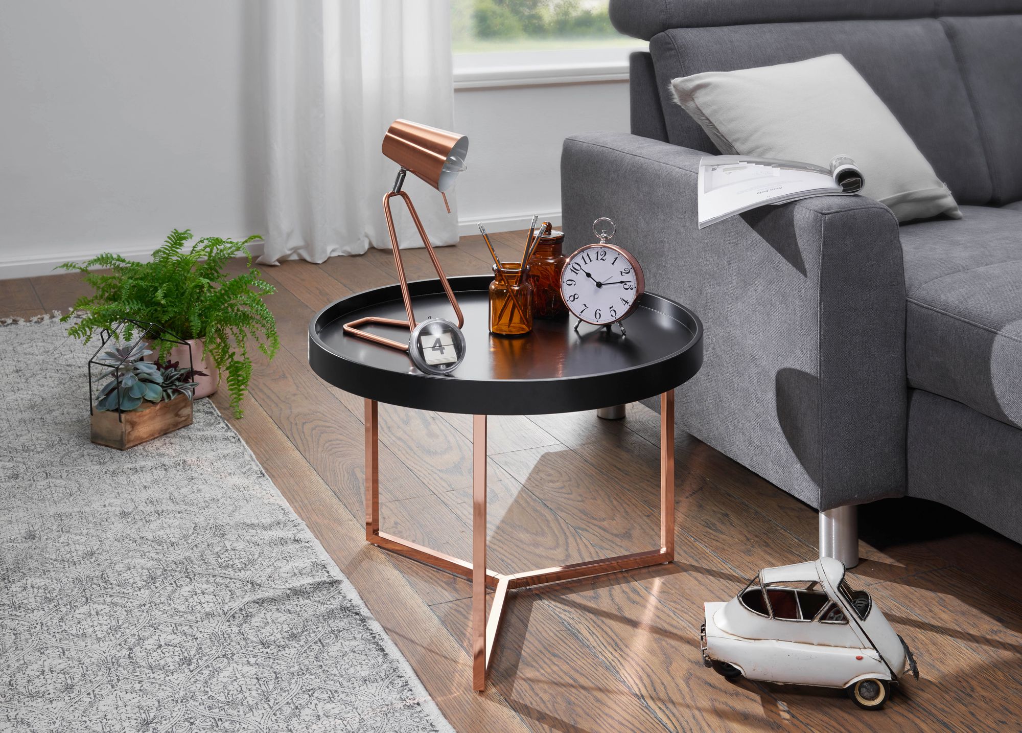 FineBuy Couchtisch 58,5x42x58,5cm Sofatisch Metall Rund, Designer Retro Wohnzimmertisch modern, Kleiner Loungetisch mit Metallgestell, Runder Tabletttisch mit Holz-Platte | Farbe: Schwarz