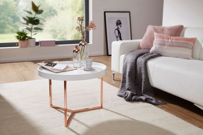 FineBuy Couchtisch 58,5x42x58,5cm Sofatisch Metall Rund, Designer Retro Wohnzimmertisch modern, Kleiner Loungetisch mit Metallgestell, Runder Tabletttisch mit Holz-Platte