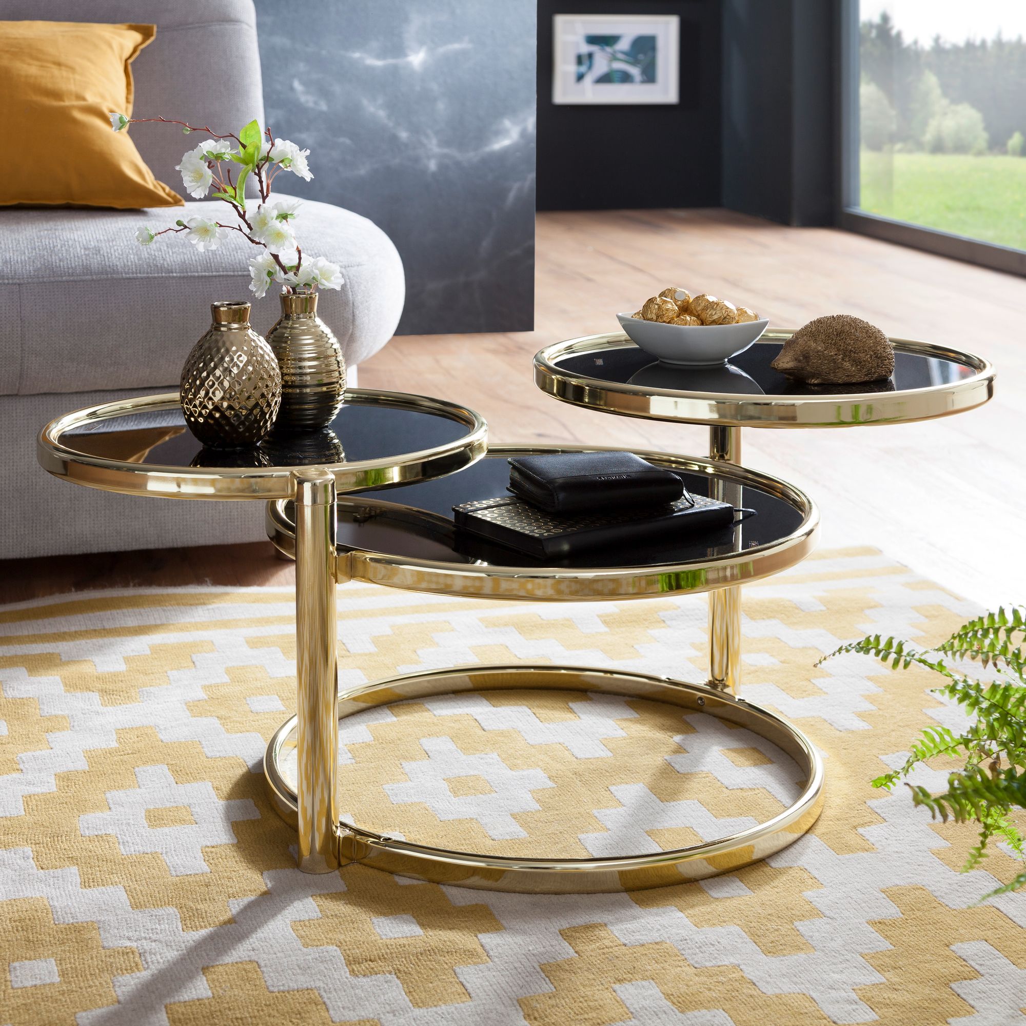 FineBuy Couchtisch mit 3 Tischplatten 58 x 43 x 58 cm, Beistelltisch rund, Design Wohnzimmertisch Glas / Metall, Designer Glastisch Sofatisch modern, Kleiner Loungetisch | Farbe: Gold