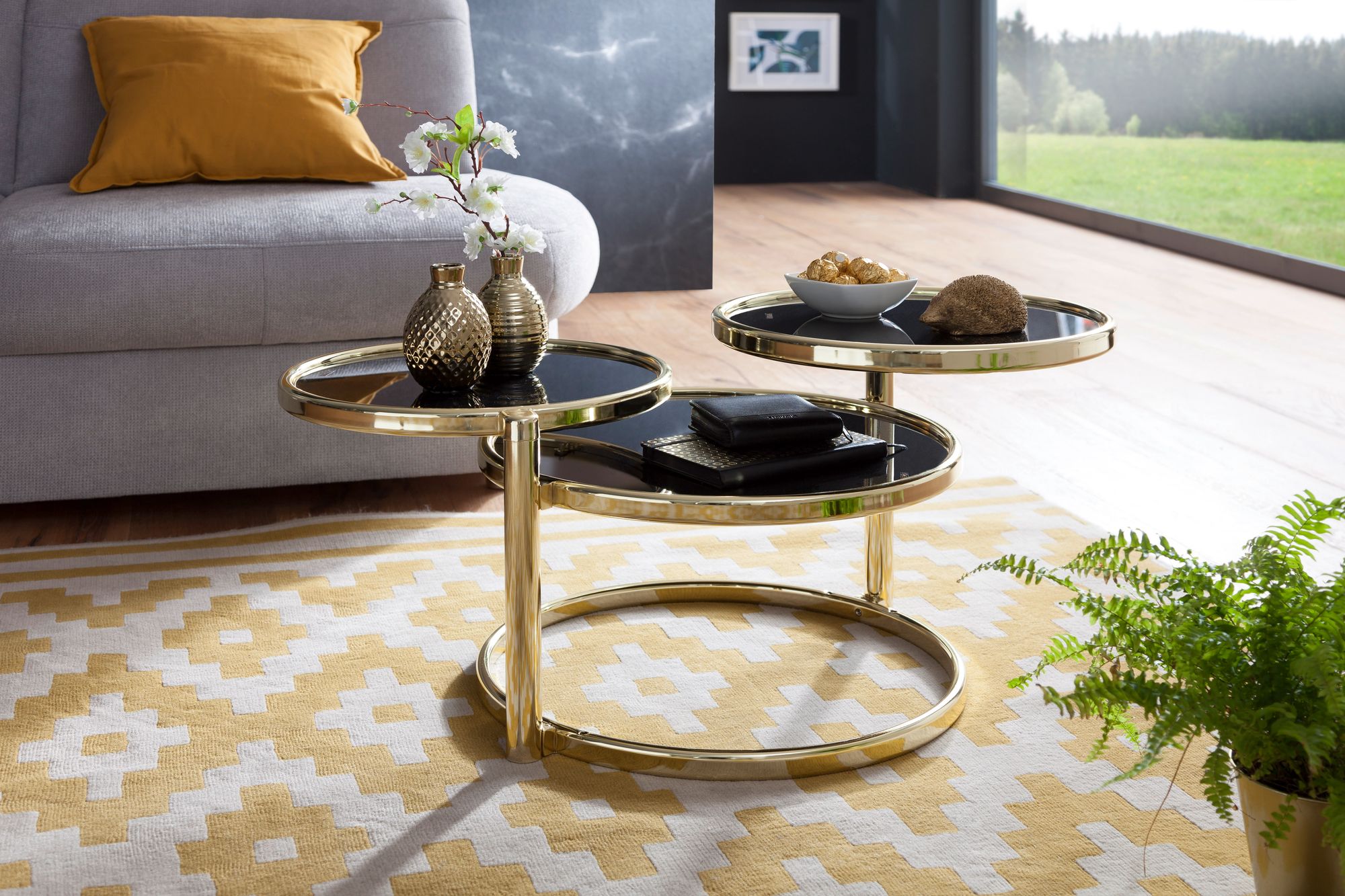 FineBuy Couchtisch mit 3 Tischplatten 58 x 43 x 58 cm, Beistelltisch rund, Design Wohnzimmertisch Glas / Metall, Designer Glastisch Sofatisch modern, Kleiner Loungetisch | Farbe: Gold