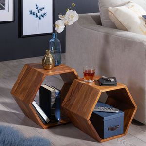 FB50794 FineBuy Beistelltisch 2er Set Sheesham Massivholz Design Wohnzimmertisch, Couchtisch-Set massiv, Designer Satztisch Wohnzimmer, Kleiner Sofatisch Holz, Ablagetisch Sofa klein