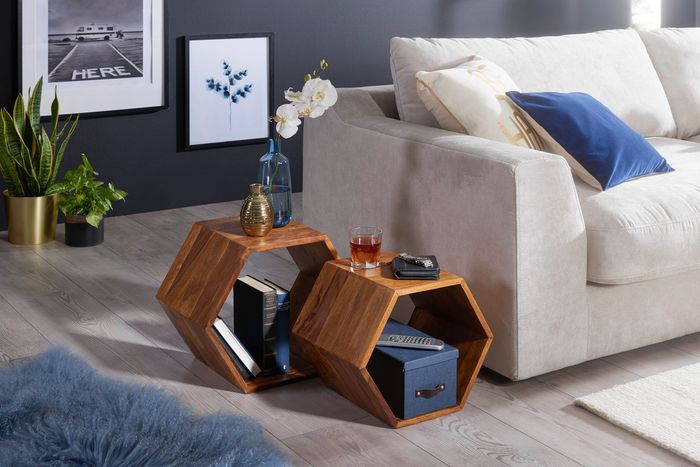 FineBuy Beistelltisch 2er Set Sheesham Massivholz Design Wohnzimmertisch, Couchtisch-Set massiv, Designer Satztisch Wohnzimmer, Kleiner Sofatisch Holz, Ablagetisch Sofa klein
