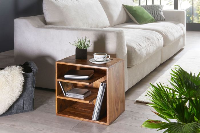 FineBuy Beistelltisch 43x43x30 cm Sheesham Massivholz Design Nachttisch, Kleiner Wohnzimmertisch mit Ablagen, Designer Holztisch massiv, Nachtkonsole Nachtkommode Holz, Anstelltisch modern 4250950285705