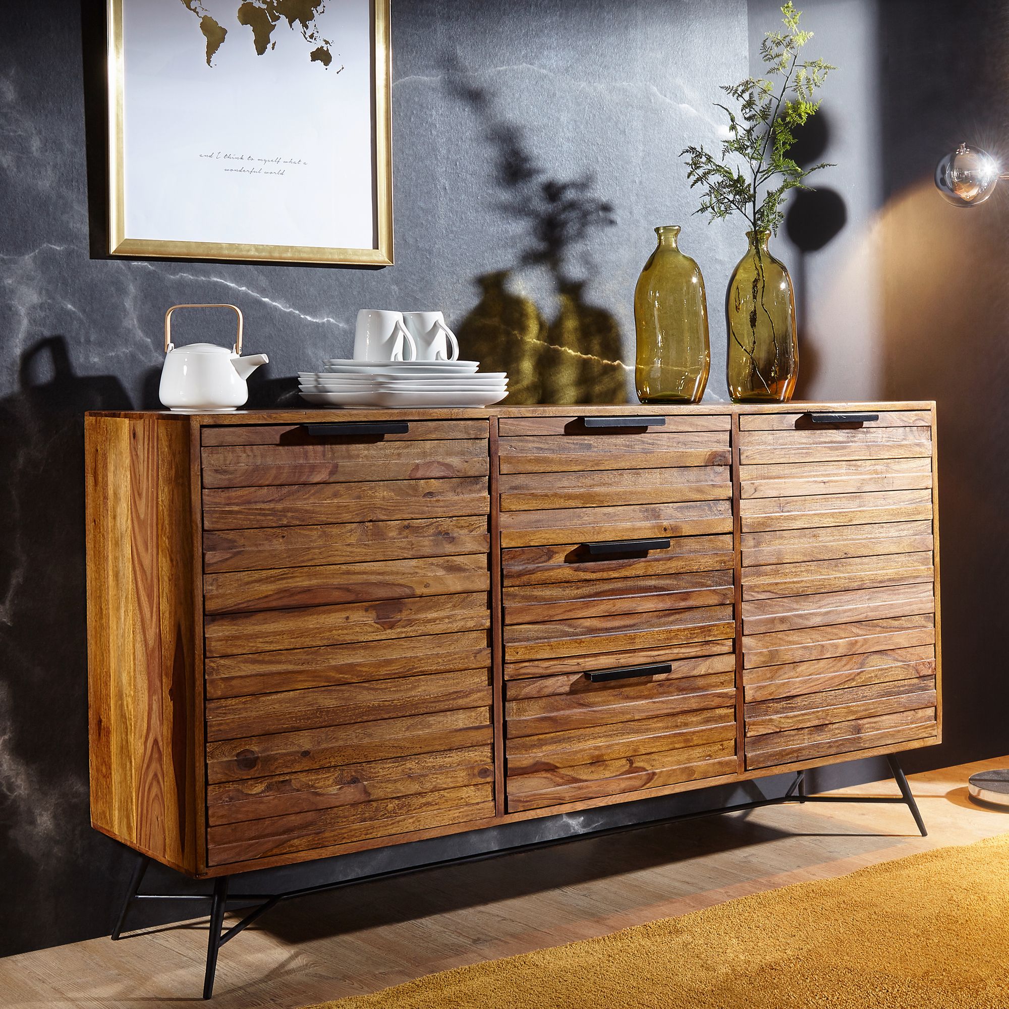Massivholz Sideboard 160cm Sheesham Kommode mit 2 Türen & 3 Schubladen Industrial Design Metall schwarz – Ansicht 1