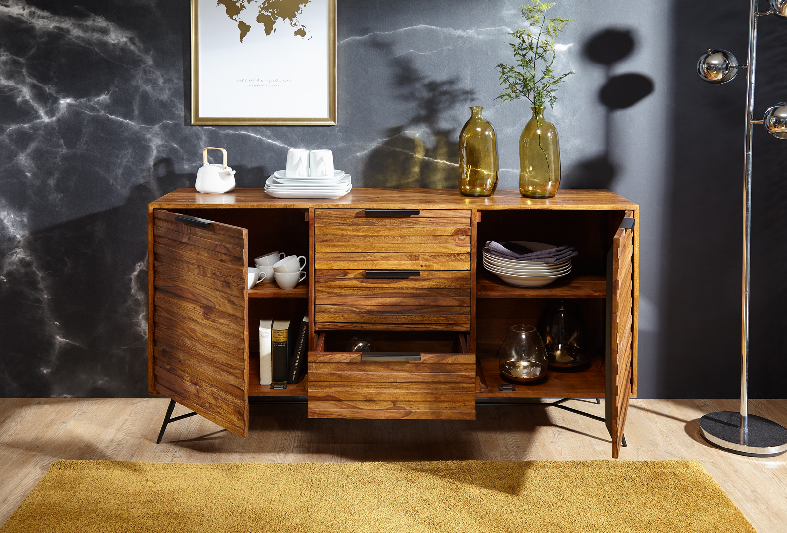 Massivholz Sideboard 160cm Sheesham Kommode mit 2 Türen & 3 Schubladen Industrial Design Metall schwarz – Ansicht 4