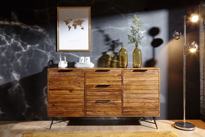 FineBuy Design Sideboard NISHAN 160x40x88 cm Sheesham Massiv Holz, Kommode mit Türen & Schubladen, Massive Anrichte Industrial, Massivholz Schrank mit Metallbeinen 4250950285880