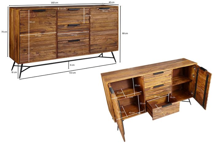 Massivholz Sideboard 160cm Sheesham Kommode mit 2 Türen & 3 Schubladen Industrial Design Metall schwarz – Maßzeichnung