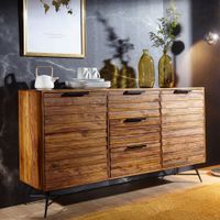 Massivholz Sideboard 160cm Sheesham Kommode mit 2 Türen & 3 Schubladen Industrial Design Metall schwarz – Ansicht 1