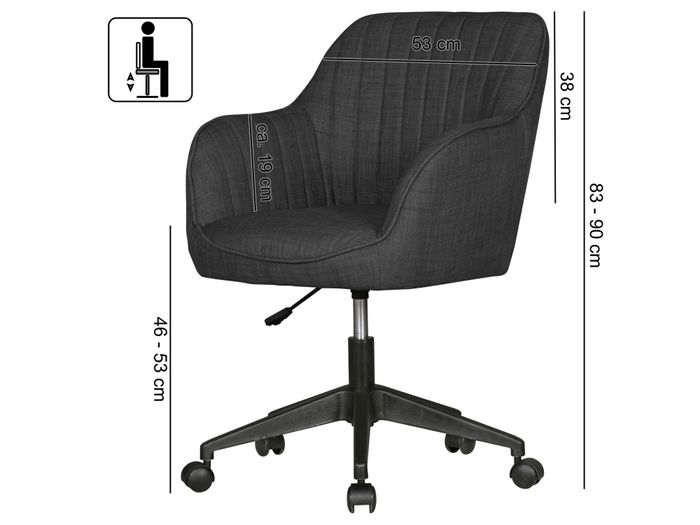 FineBuy Schreibtischstuhl MIAMI Stoff Drehstuhl Bürostuhl 120 kg Schalenstuhl – Maßzeichnung
