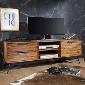 FineBuy Lowboard NISHAN 160x54x40 cm Sheesham Massiv Holz, Design Hifi-Board mit Stauraum und Schubladen, Massivholz Fernsehschrank Wohnzimmer, Industrial Fernsehkommode mit Metallbeinen 4250950285989