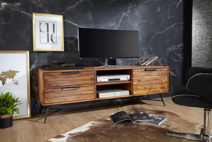 FineBuy Lowboard NISHAN 160x54x40 cm Sheesham Massiv Holz, Design Hifi-Board mit Stauraum und Schubladen, Massivholz Fernsehschrank Wohnzimmer, Industrial Fernsehkommode mit Metallbeinen 4250950285989