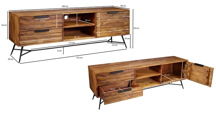 FineBuy Lowboard Sheesham Massiv Holz Hifi Board Fernsehschrank Wohnzimmer – Maßzeichnung