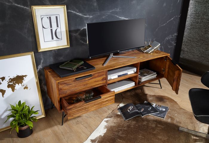 FineBuy Lowboard NISHAN 160x54x40 cm Sheesham Massiv Holz, Design Hifi-Board mit Stauraum und Schubladen, Massivholz Fernsehschrank Wohnzimmer, Industrial Fernsehkommode mit Metallbeinen 4250950285989