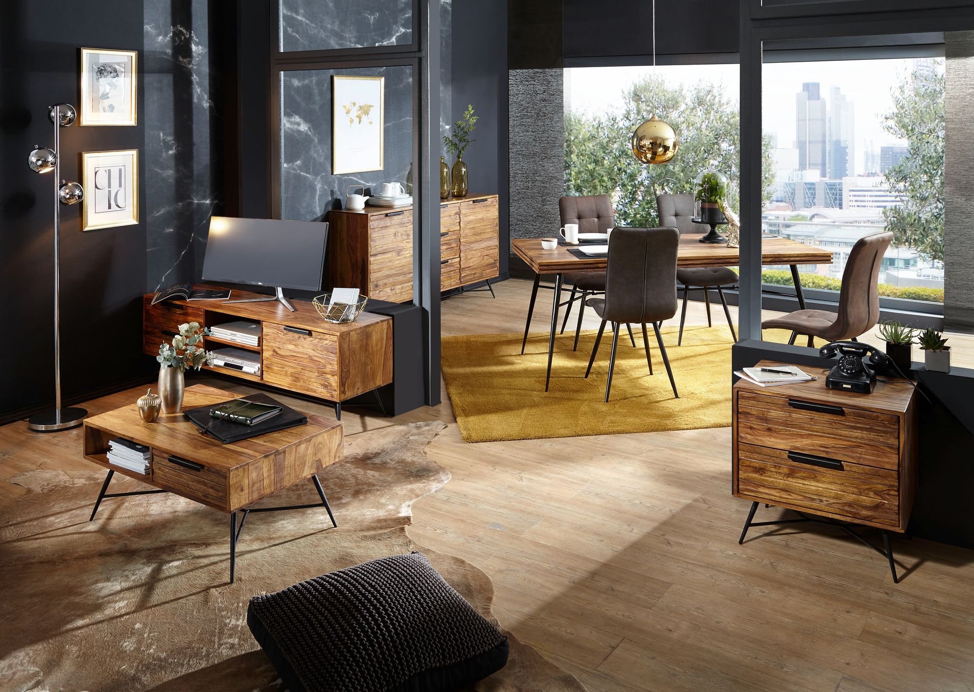 FineBuy Nachtkonsole Sheesham Massivholz mit 2 Schubladen – Nachttisch im Industrial Design mit Metallbeinen, Boxspring Nachtkästchen fürs Schlafzimmer 60x60x40 cm | Farbe: Braun