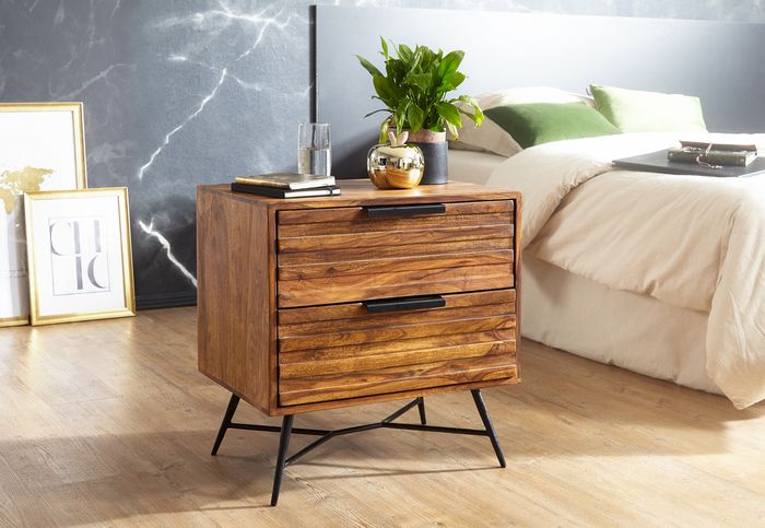 FineBuy Nachtkonsole NISHAN 60 x 60 x 40 cm Sheesham Beistelltisch, Design Nachtkommode Boxspringbett, Nachttisch mit Schubladen, Beistellschrank mit Stauraum, Nachttischkästchen hoch 4250950286054