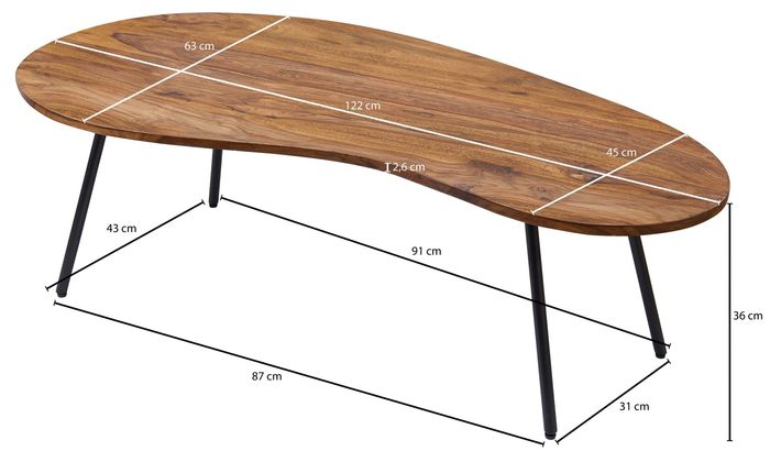 FineBuy Couchtisch FB50927 122x36x63cm Sheesham Nierentisch Tischbeine Metall – Maßzeichnung