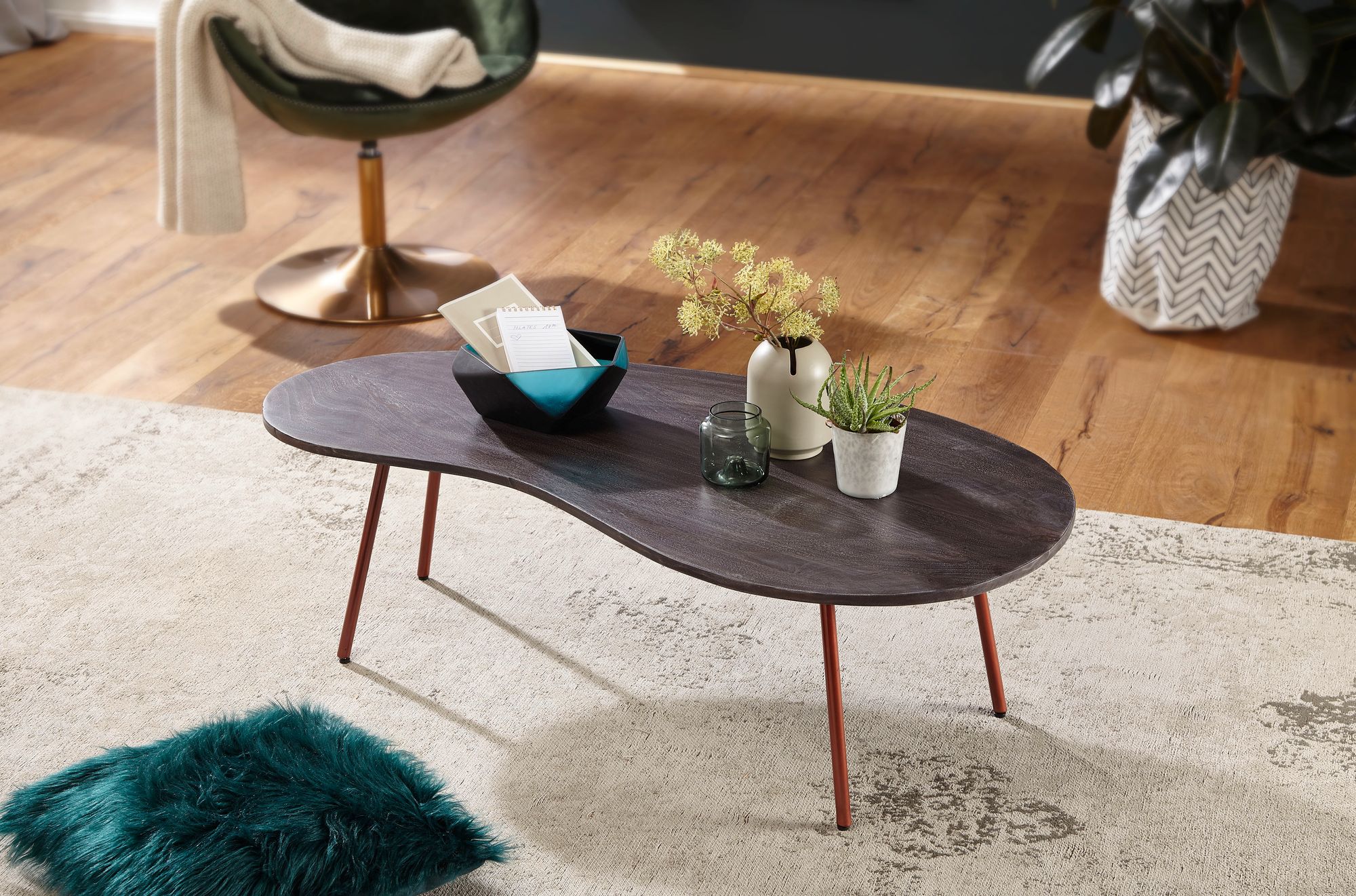 FineBuy Couchtisch Akazie Grey Massivholz 122 cm · Wohnzimmertisch in Nierenform Metallbeinen · Handgefertigter Design Tisch Retro organische Form | Farbe: Grau