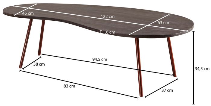FineBuy Couchtisch Akazie Massivholz 122cm Wohnzimmertisch Retro Nierenform – Maßzeichnung