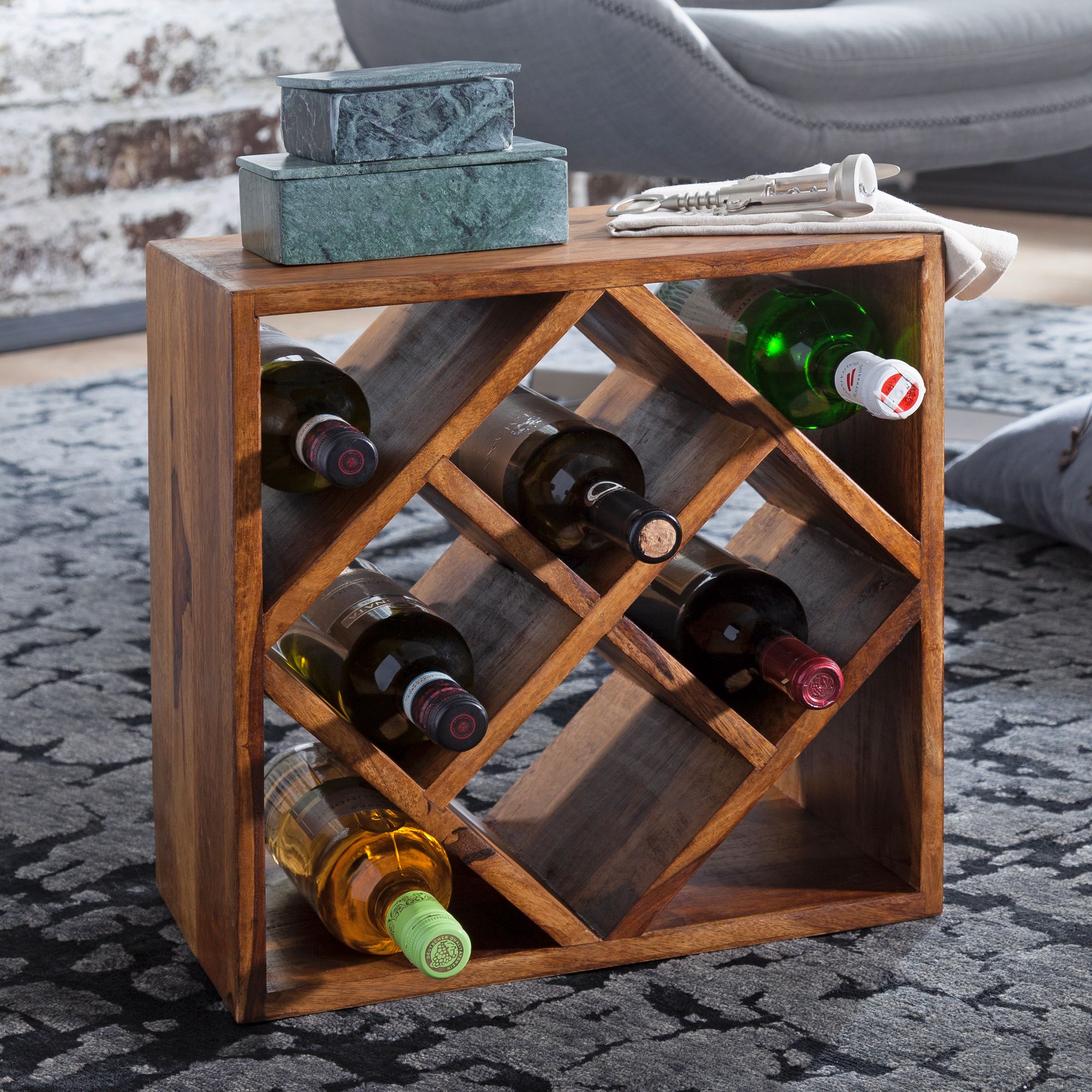 FineBuy Weinregal Massiv-Holz 40x40x25 cm klein stehend, Design Flaschenregal für die Küche, Standregal schmal für 8 Flaschen | Farbe: Braun