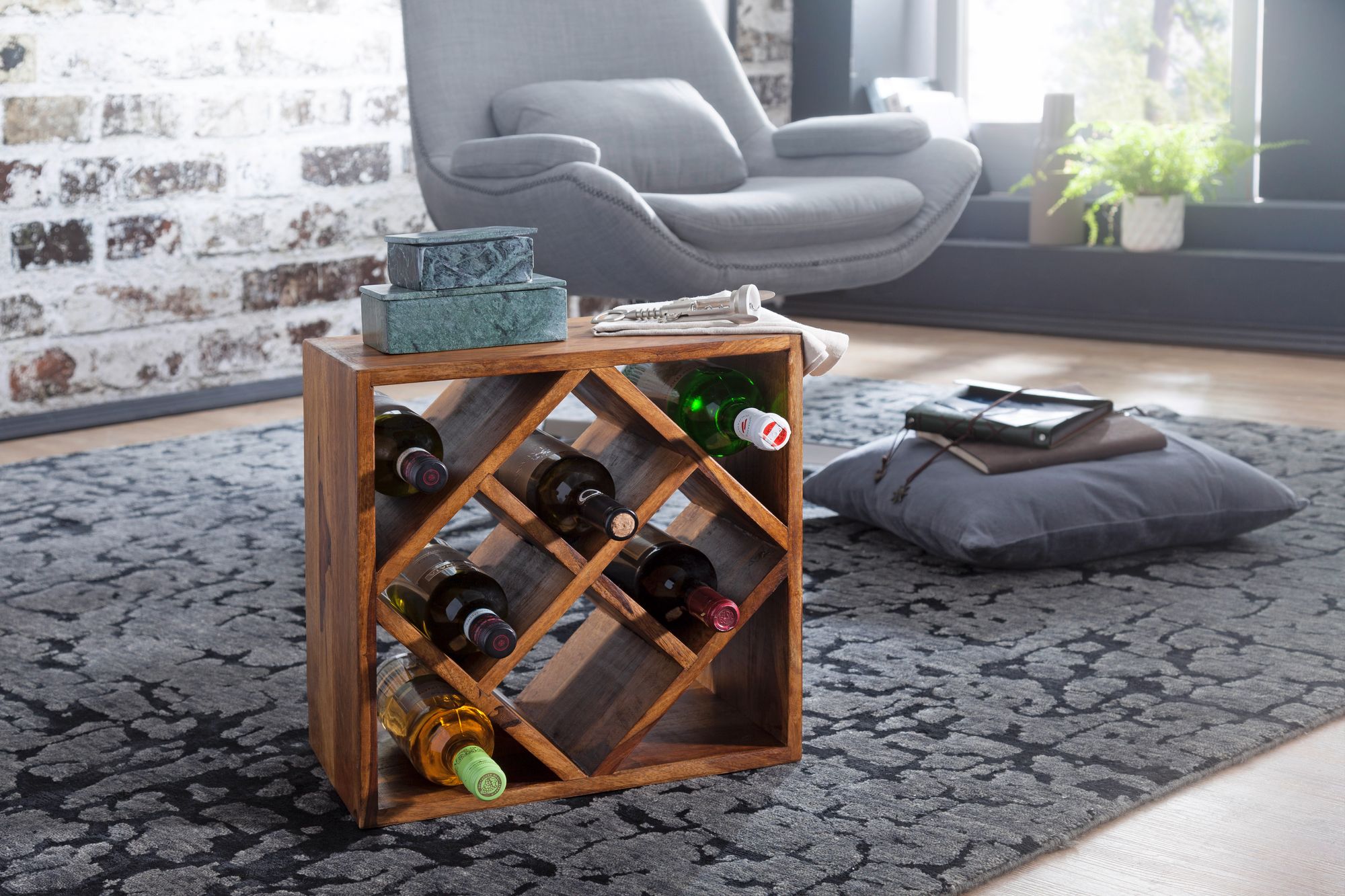 FineBuy Weinregal Massiv-Holz 40x40x25 cm klein stehend, Design Flaschenregal für die Küche, Standregal schmal für 8 Flaschen | Farbe: Braun